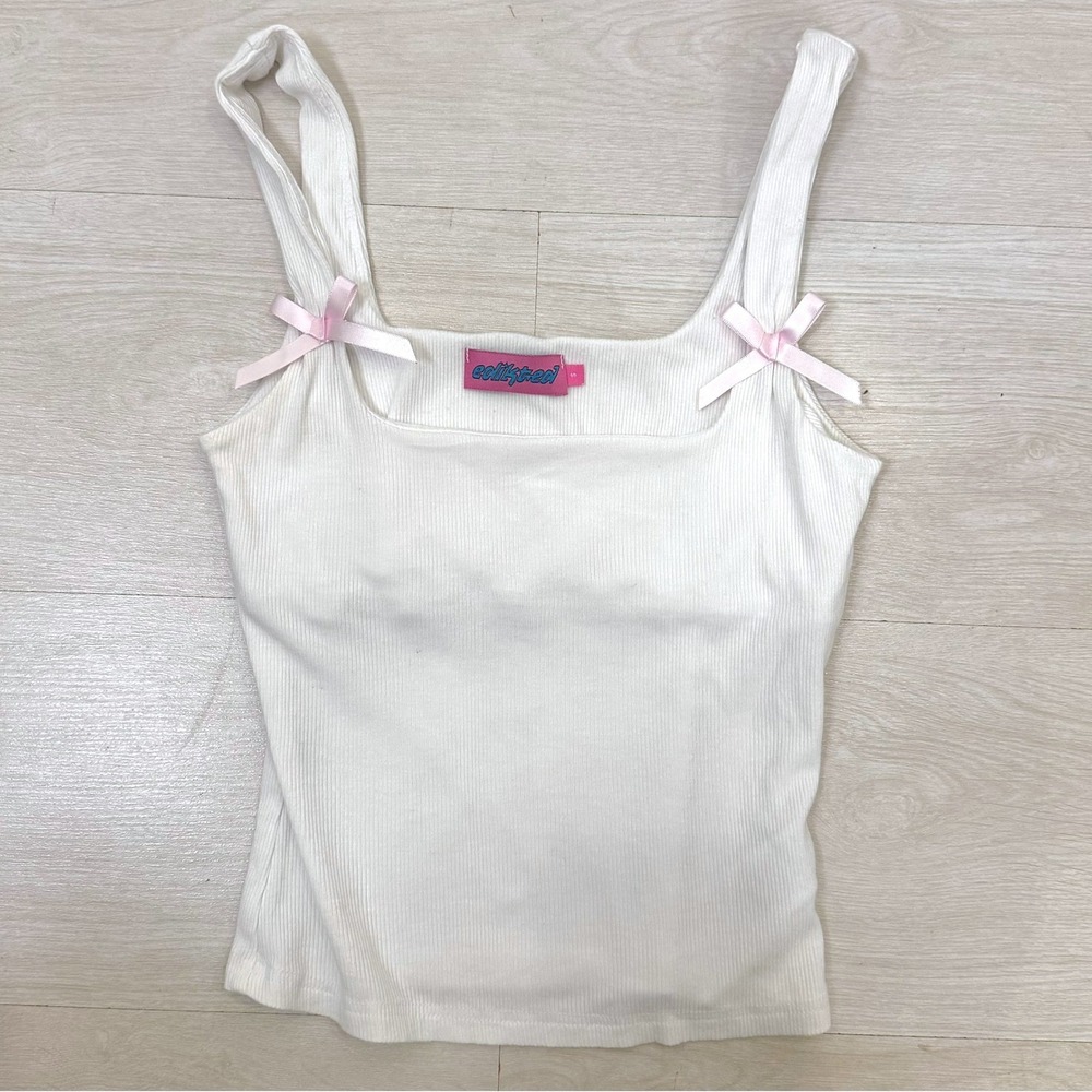 Edikted Tank Top Women S White Pink Bow Ribbed Coquette Balletcore Girlhood Soft
